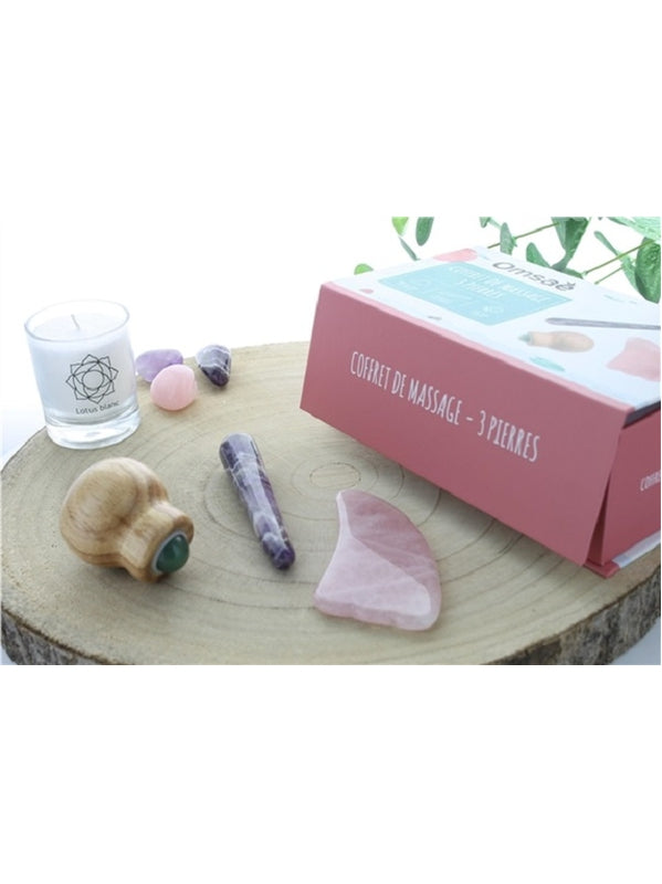 Coffret massage corps en Quartz rose, Améthyste et Aventurine verte