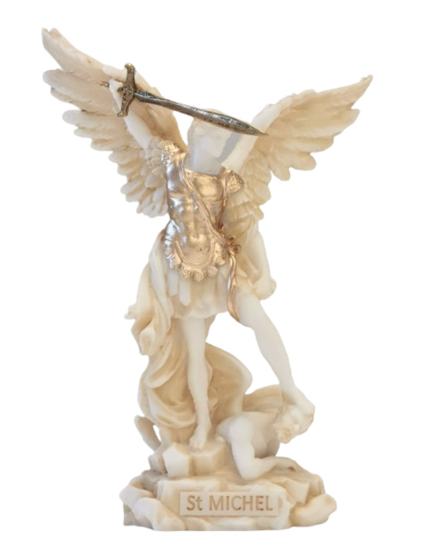 St Michel – Statue en Albâtre 24cm -Beige et Or