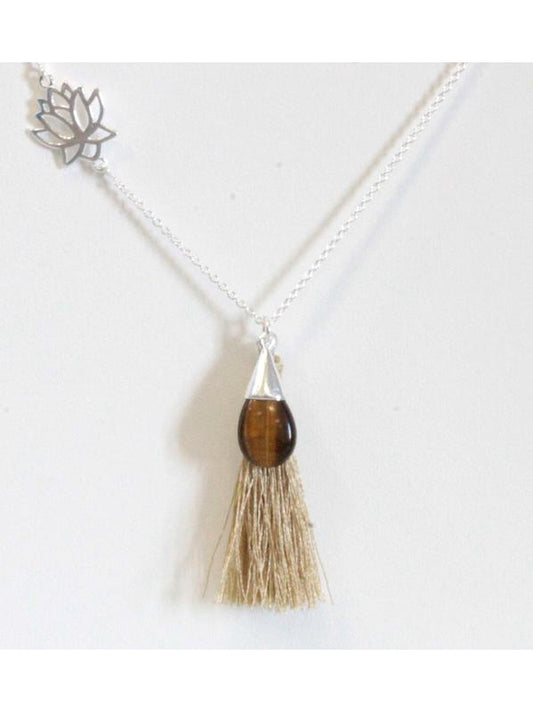 Collier Goutte Oeil de Tigre Fleur de Vie et Pompon - Argent 925