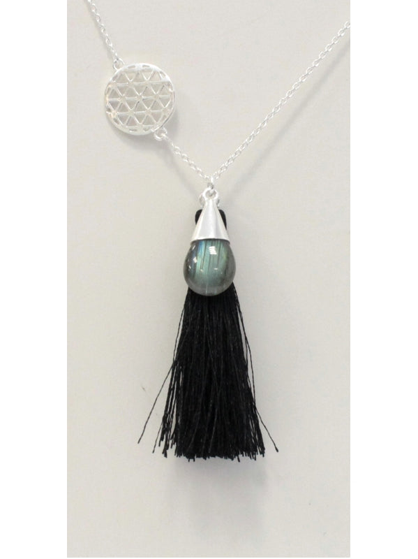 Collier Goutte Labradorite Fleur de Vie et Pompon - Argent 925