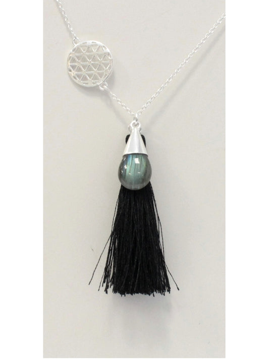 Collier Goutte Labradorite Fleur de Vie et Pompon - Argent 925