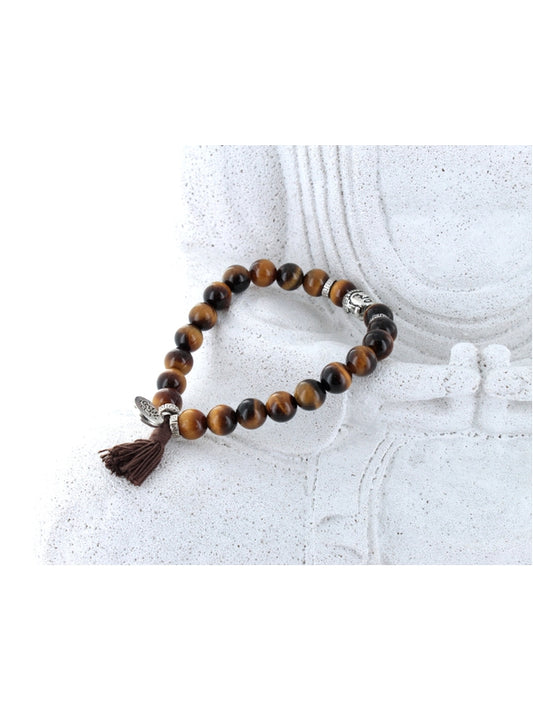 Bracelet Oeil de Tigre Perles rondes 8 mm Pompon et Lotus