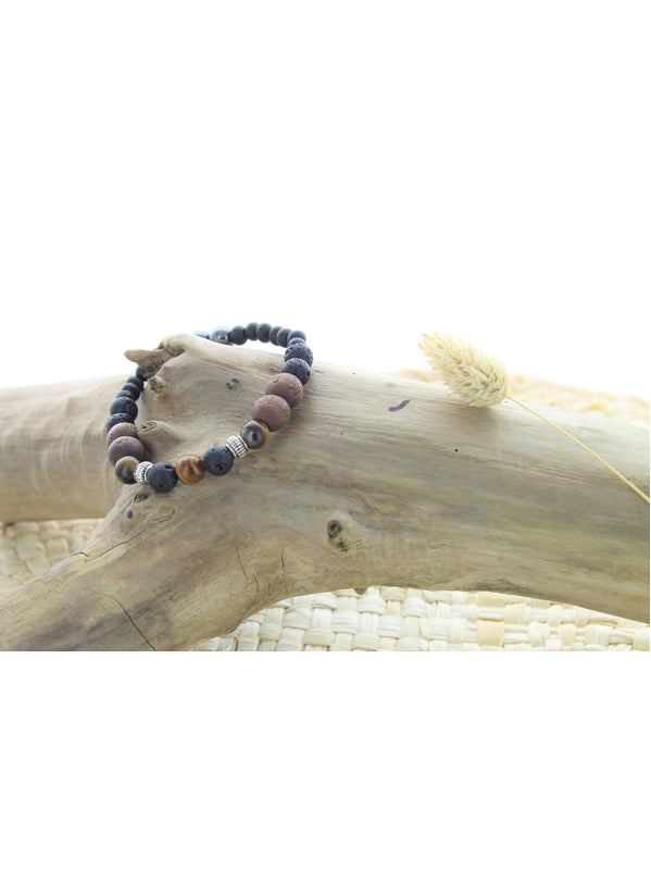 Bracelet Pierre de lave, Bois, Oeil de Tigre, Hématite Perles rondes