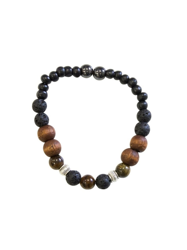 Bracelet Pierre de lave, Bois, Oeil de Tigre, Hématite Perles rondes