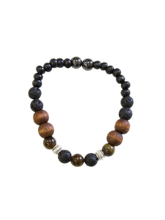 Bracelet Pierre de lave, Bois, Oeil de Tigre, Hématite Perles rondes