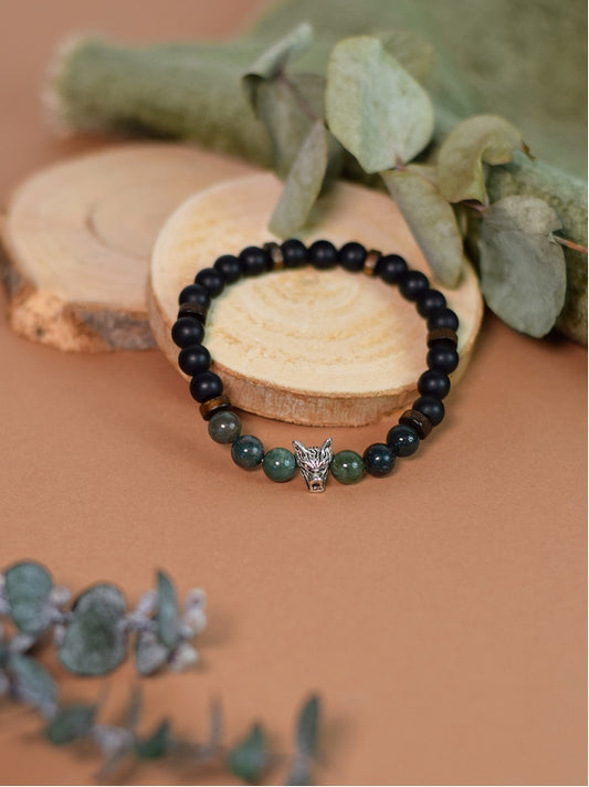 Bracelet perles rondes charms Tête de loup Agate mousse Obsidienne noire