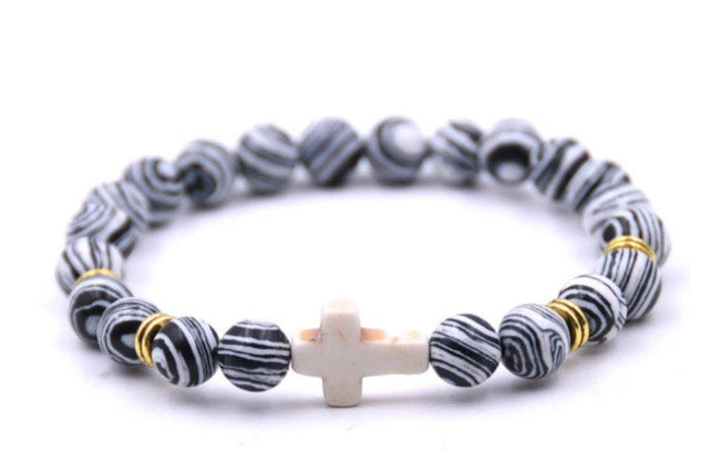 BRACELET CROIX élastique pierre véritable coloris Malachite Noire/Blanche