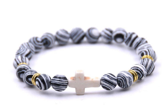 BRACELET CROIX élastique pierre véritable coloris Malachite Noire/Blanche